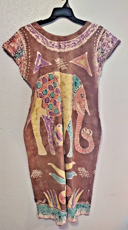 Vintage Nigeria Batik Wax Cloth Print Dress Med or Wall Art Elephant Palm 48″