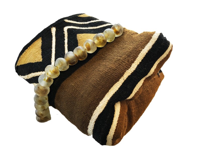 # 650 Brown/Mustard/Black/White Mud Cloth/ Blanket Mali W/Glass Trade Beads