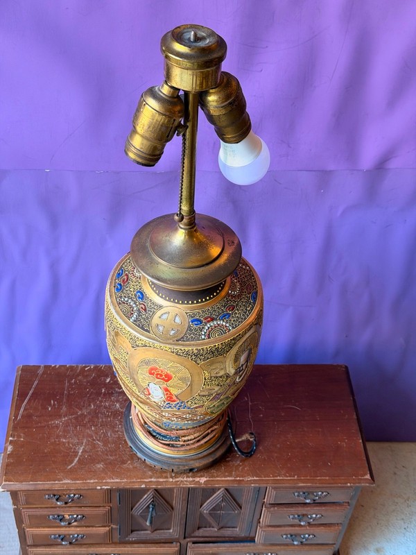 Vintage Japanese Satsuma Vase Lamp Gold Moriage Double Socket Asian Decor 21" gallery