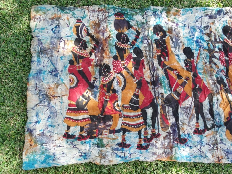 African Batik Fabric Art Painting Tribal Village Hunters Water Jugs 33" x 56" gallery
