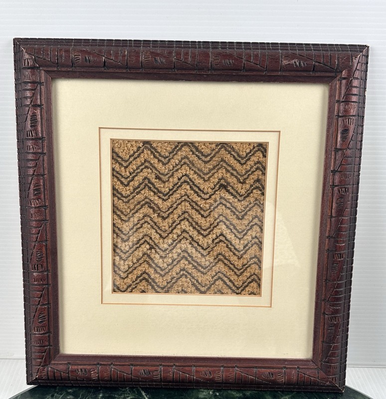 Vintage Framed Kuba Raffia Textile in Carved Geometric Wood Frame
