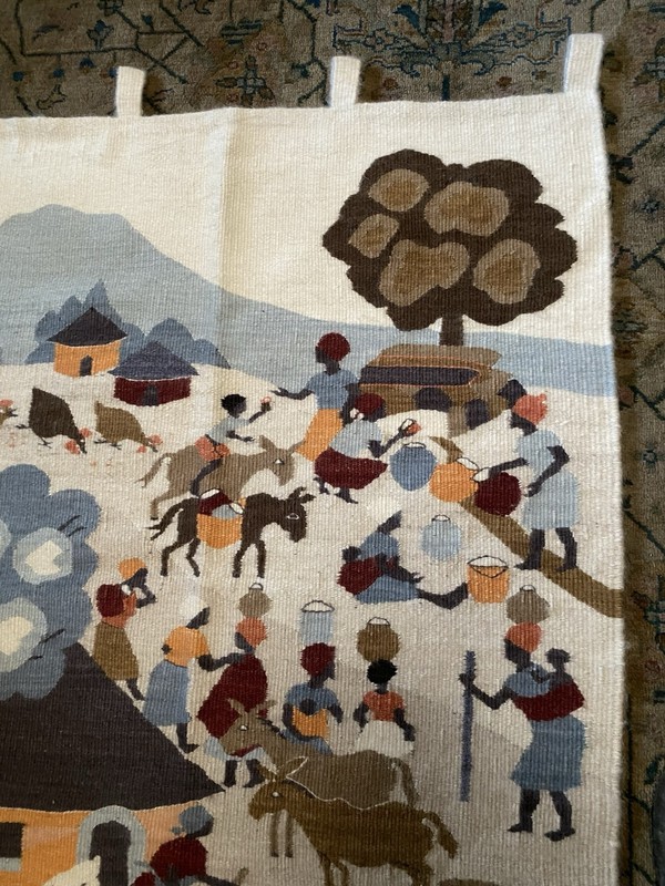 African Mohair Wall Tapestry~Lesotho~ Village Life~Handwoven~1970’s~EUC~54”x38” gallery