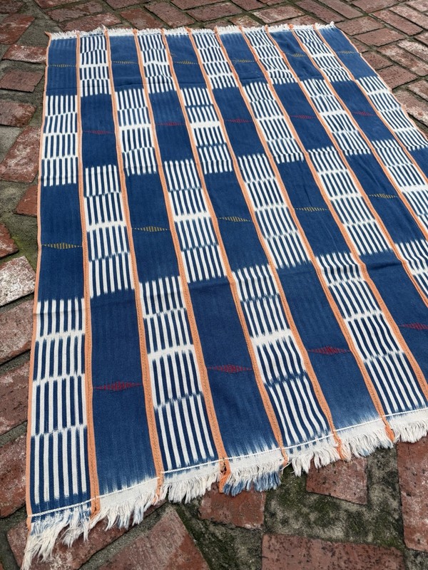 Vintage African Indigo Baule Mudcloth 57” L x 42” W Orange Stripes | No. 125