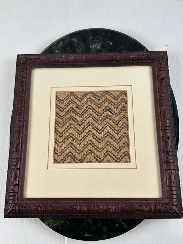 Vintage Framed Kuba Raffia Textile in Carved Geometric Wood Frame gallery