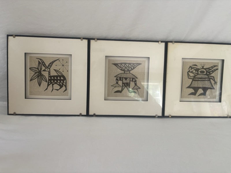 Vintage Mid Century Senufo Korhogo Triptych Set Of Three Ivory Coast Made