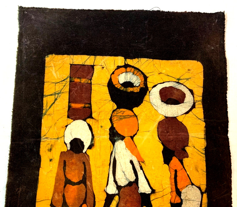 African Style Batik Fabric Cloth Panel ~ Three Women At Work ~ 21.5" x 8.75" gallery