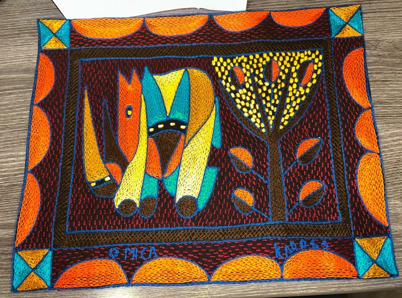 2 Kaross South African Rhino & Elephant Embroidered Placemats Tapestry Handmade