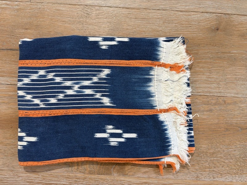 Vintage African Indigo Baule Fabric Orange Stripes Mudcloth 55”L x 41”W (2)463