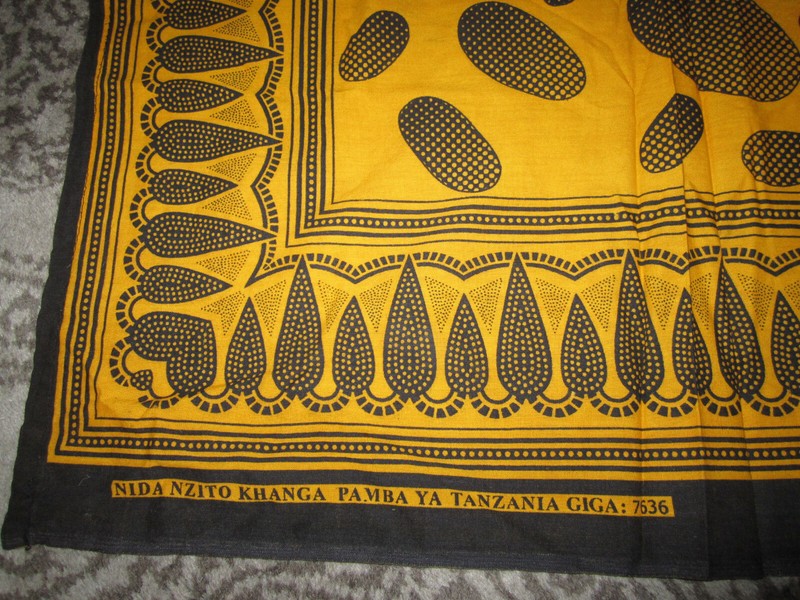 Vtg black yellow African textile fabric Nida Nzito Khanga Pamba Ya Tanzania Giga gallery