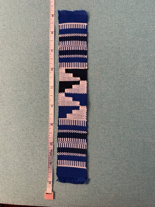 Kente Cloth Textile Bookmark Hand Woven in Ghana 9x1.5” Blue, White, Black gallery