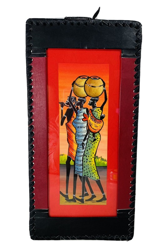 Vintage Africa Kenya Tribal Hand Painted Leather Bound Frame Women