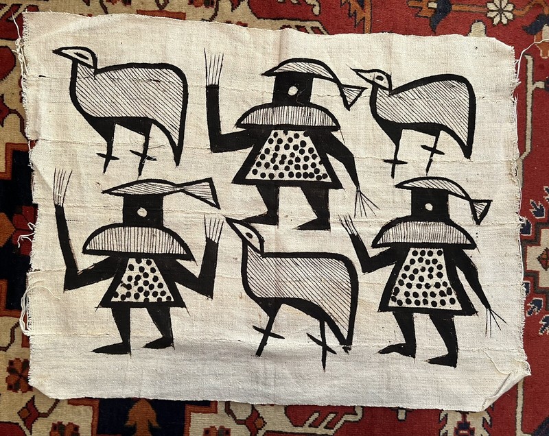 Vintage People Birds African Korhogo Hand Painted Mud Cloth Senufo 36″X28″ (G)