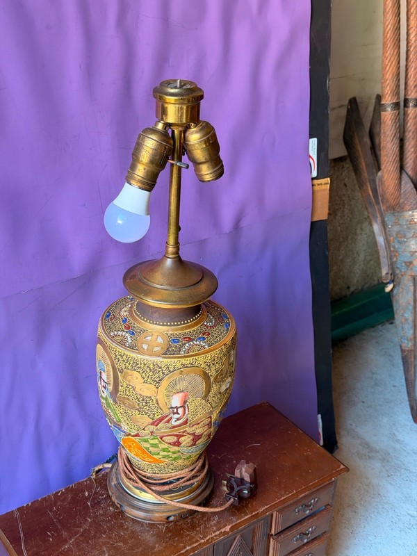 Vintage Japanese Satsuma Vase Lamp Gold Moriage Double Socket Asian Decor 21" gallery