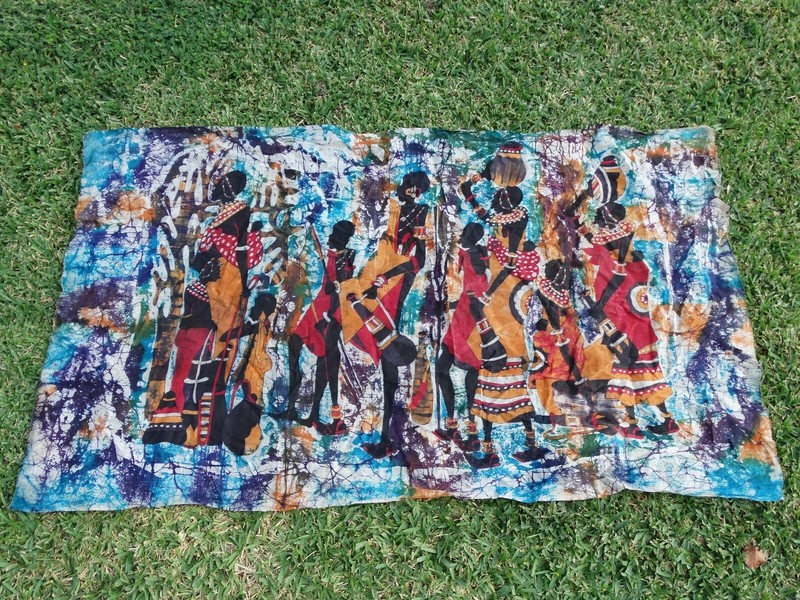 African Batik Fabric Art Painting Tribal Village Hunters Water Jugs 33″ x 56″