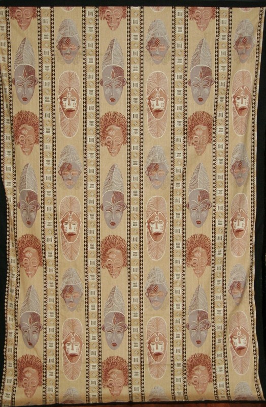 African Mask Screen Print Textile Zimbabwe Handmade VTG 60″X84″ Cotton Fabric