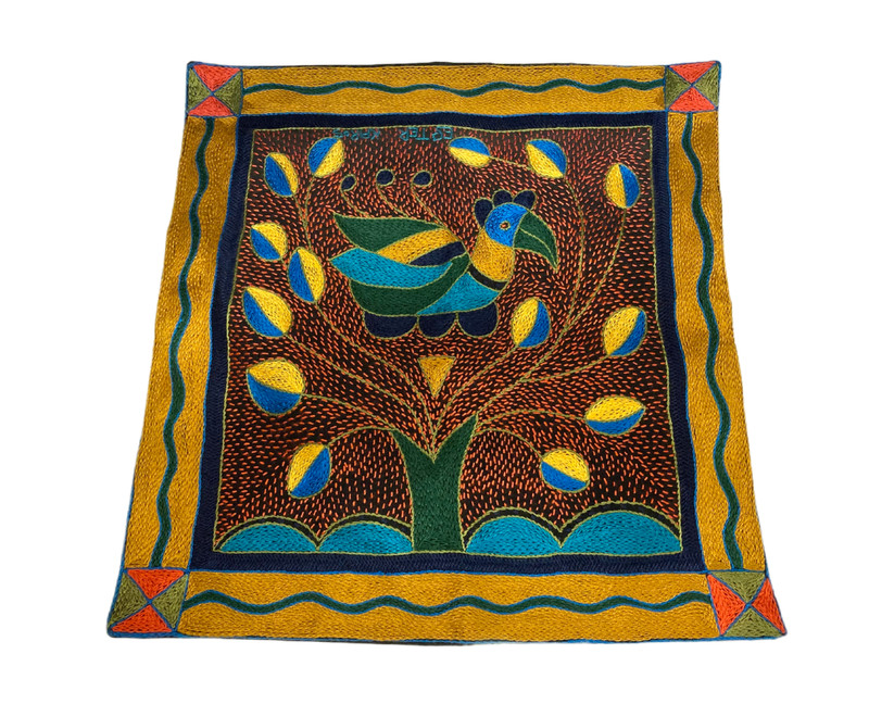 RARE Vintage New Kaross Pillow Cover – Hand Embroidered – Yellow Blue Bird