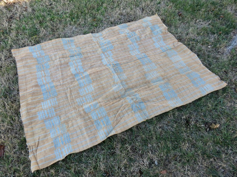 Old "Sanyan" Style "Aso-Oke" Strip-Woven Robe Nigeria Tan & Turq.Textile Yoruba gallery