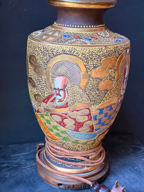 Vintage Japanese Satsuma Vase Lamp Gold Moriage Double Socket Asian Decor 21" gallery