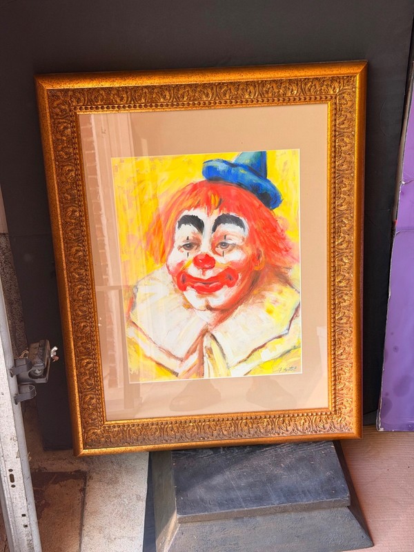 Vintage Framed Clown Painting Signed J. Martel | Mid-Century Folk Art 29x23 gallery