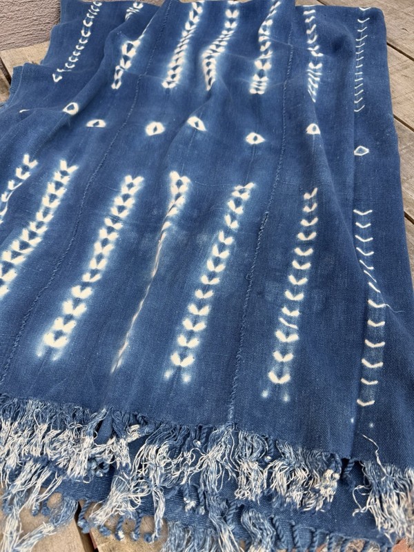Vintage African Indigo Denim Shibori Mudcloth 56” L x 45” W Textile | No. 163