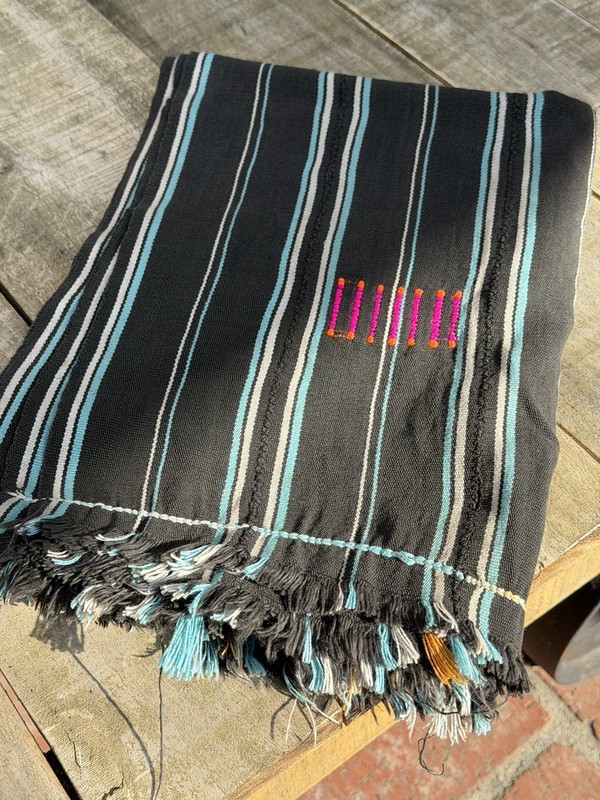 Vintage African Black Baule With Blue Stripes Mudcloth 54”L x 38”W | No. 91