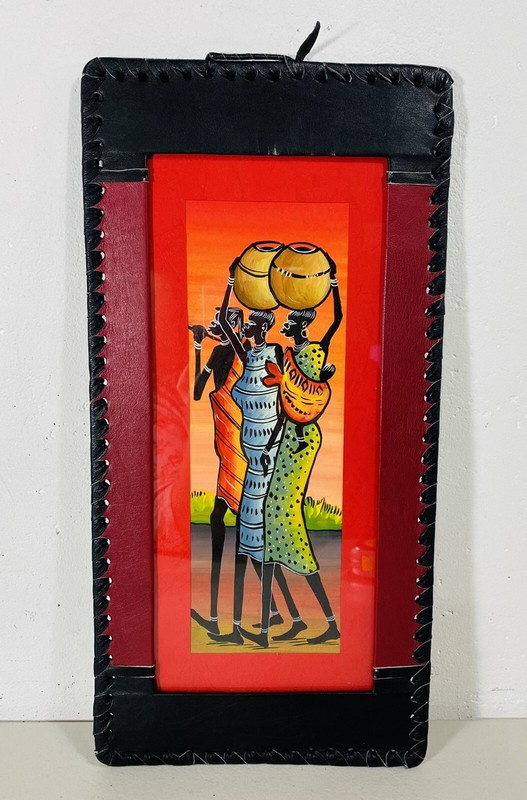 Vintage Africa Kenya Tribal Hand Painted Leather Bound Frame Women gallery