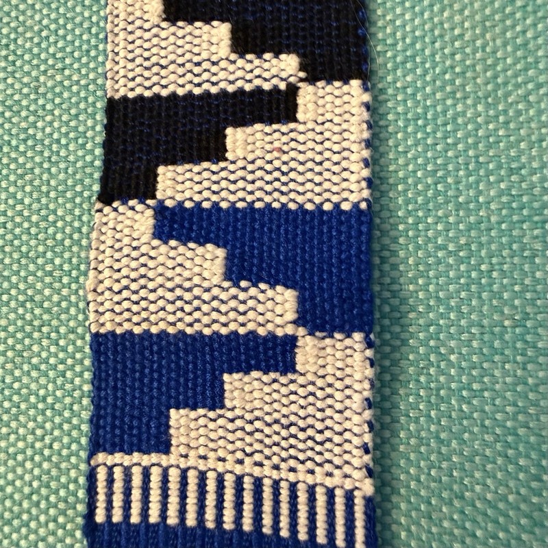 Kente Cloth Textile Bookmark Hand Woven in Ghana 9x1.5” Blue, White, Black gallery