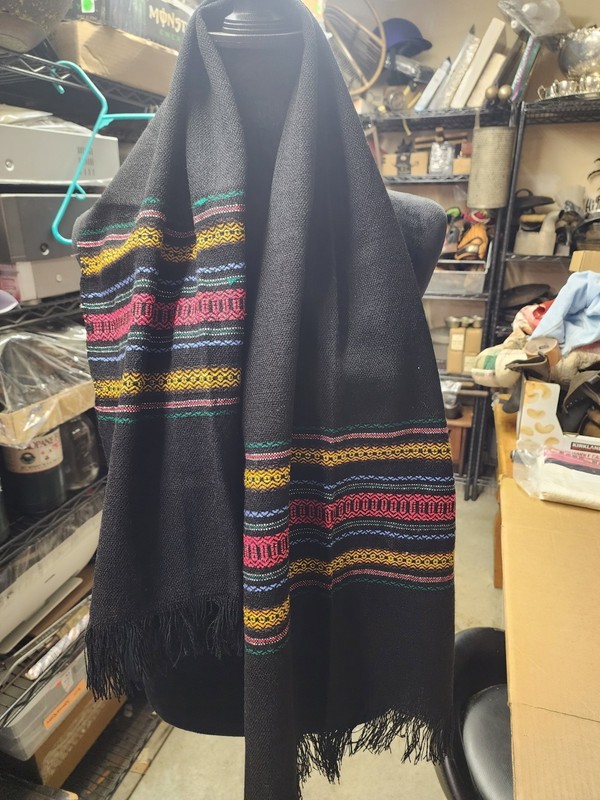 VTG Hand Woven Tribal Textile Shawl BLK W/Multi Color Bands Missionary...