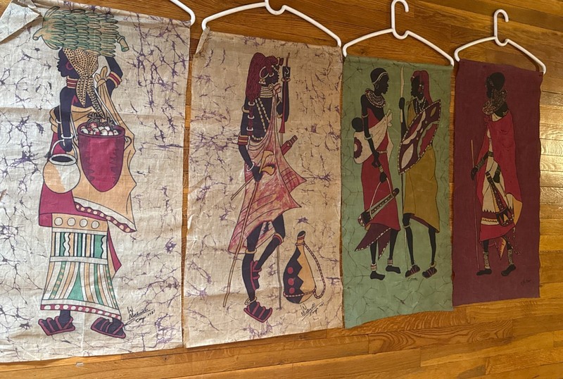 4 Vintage African Batik Cloth Painting Textiles Signed