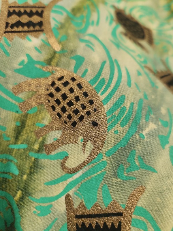 African Batik Fabric Metallic Gold & Black On Green Watercolor Fish Elephants gallery