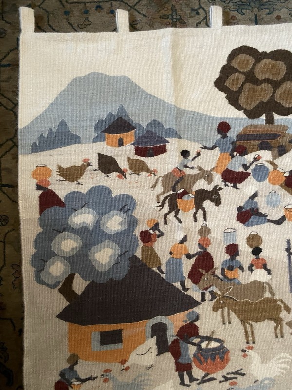 African Mohair Wall Tapestry~Lesotho~ Village Life~Handwoven~1970’s~EUC~54”x38” gallery