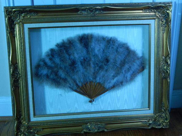 Shadow Box Frame Natural Ostrich Feather Fan Victorian Style Gold Gilt Frame