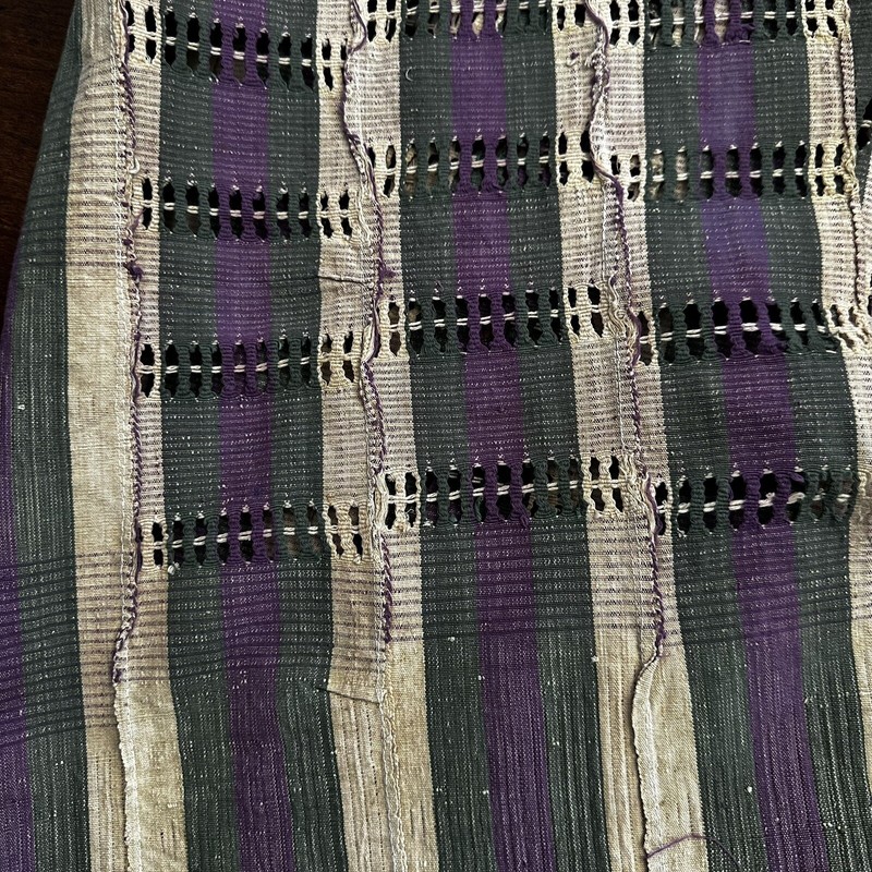 Nigerian Sanyan Aso Oke Hand Woven Fabric Purple Green Stripes 58" x 77" Vintage gallery