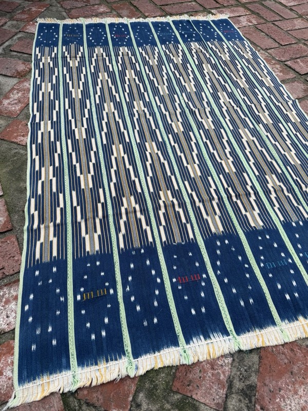 Vintage African Indigo Baule Mudcloth Lime Stripes 57”L x 37”W Textile | No. 124