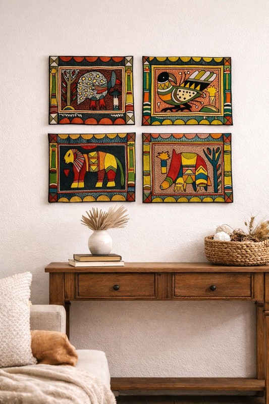 Kaross South Africa Embroidered Textile Wall Art Set 4 African Decor