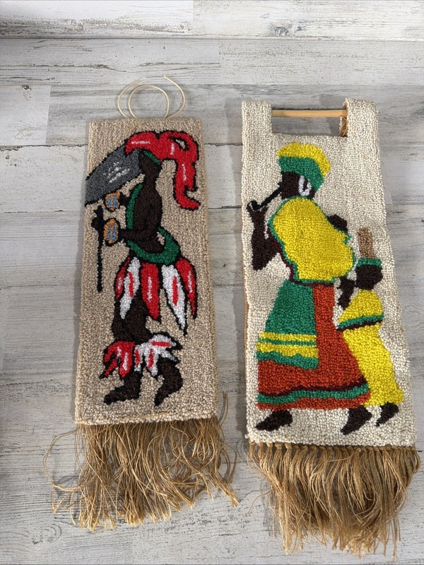 Vintage MCM African Women Wall Panel Pair – Woven Wool Tapestry – Tribal Woman