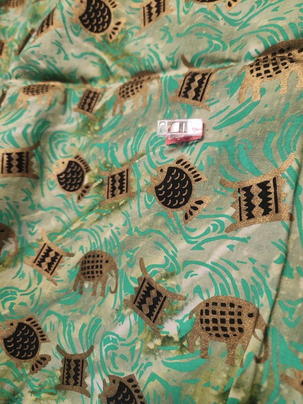 African Batik Fabric Metallic Gold & Black On Green Watercolor Fish Elephants gallery