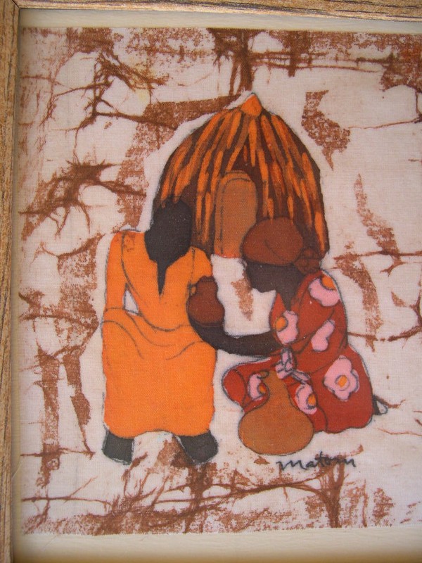 NATIVE AFRICAN VILLAGE SCENE MAN & WOMAN BY HUT FRAMED BATIK ART SIGNED gallery