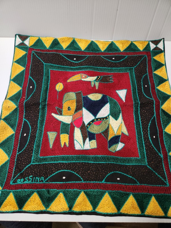Hand Embroidered Kaross South African Pillow Cover Elephant Toucan Artist Signed gallery