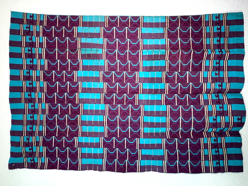 Yoruba aso oke ashoke fabric textile woven strip cloth turquoise VTG