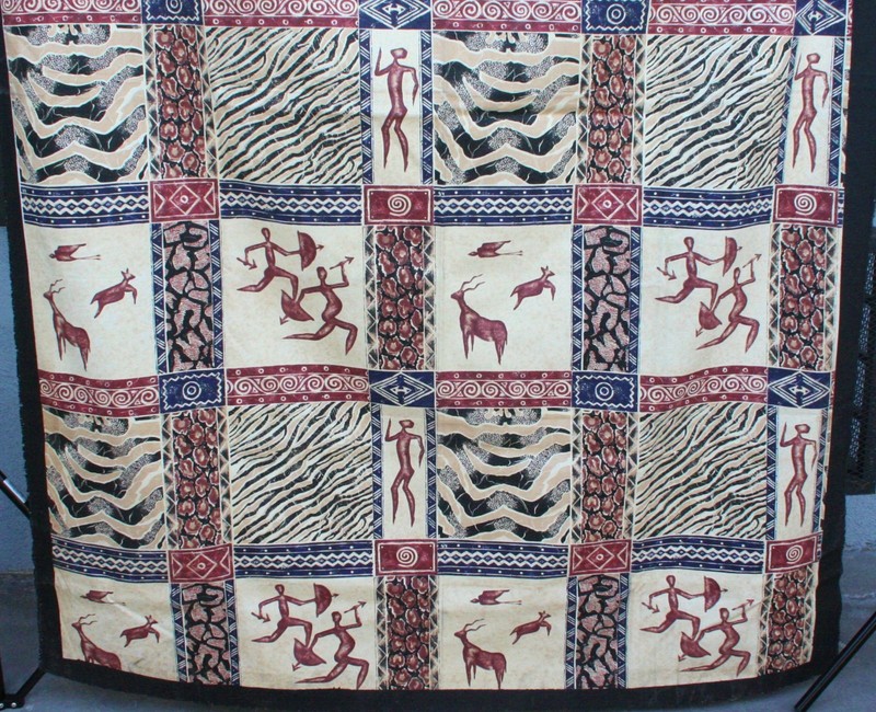 African Hunters & Antelope Tapestry Screen Print Zimbabwe Fabric 60X84 VTG NOS