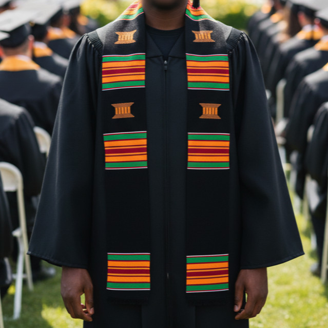 Black Multicolor Kente Stole with Stool Symbols for Graduation Ceremonies gallery