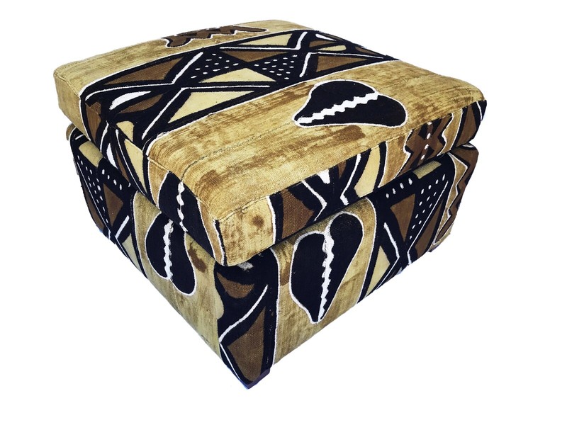 Custom Made Lg Ottoman W/Brown/Mustard/Black/White Mud Cloth 27.5″ W by 18″ H