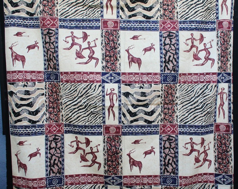 African Hunters & Antelope Tapestry Screen Print Zimbabwe Fabric 60X84 VTG NOS gallery