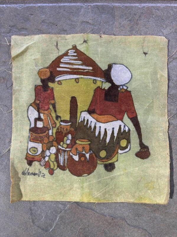 Vtg African Ethnic Batik Fabric Cloth Art Wall Decor Women Market Signed 7.5x8 gallery
