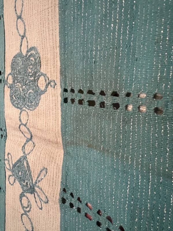 Nigerian Yoruban Aso Oke Blue White Embroidered Textile Tapestry 56” W x 76” H gallery