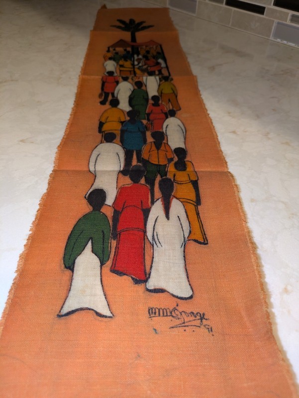 Long West African Village Procession Signed by Artist, Batik on Cloth