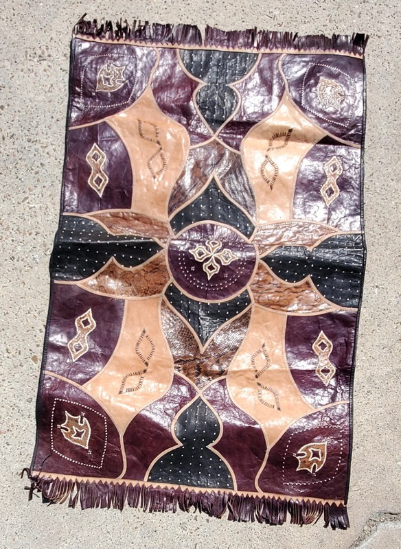 Vintage African Hausa Leather Mat 25x42 Large Patchwork Snakeskin Table Runner