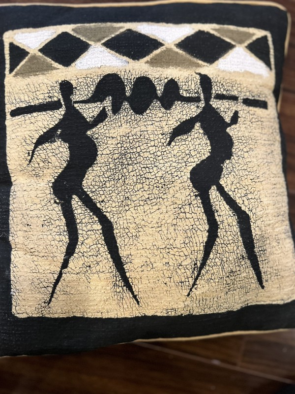 Vtg MCM Korhogo Senufo Mudcloth Pillow Cover African Women 17×17” Cream Black