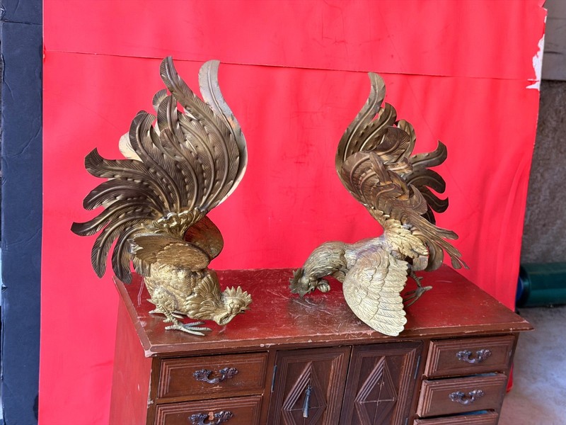 Pair of Vintage Brass Fighting Roosters | Ornate Golden Metal Cockerels 10"